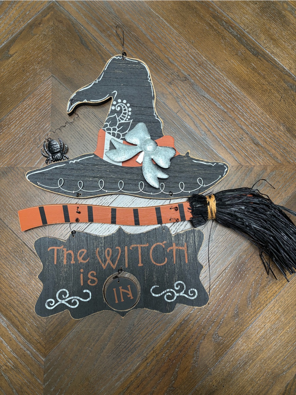Halloween Witch Hat Broom & “The Witch Is In” Wall Decor Set